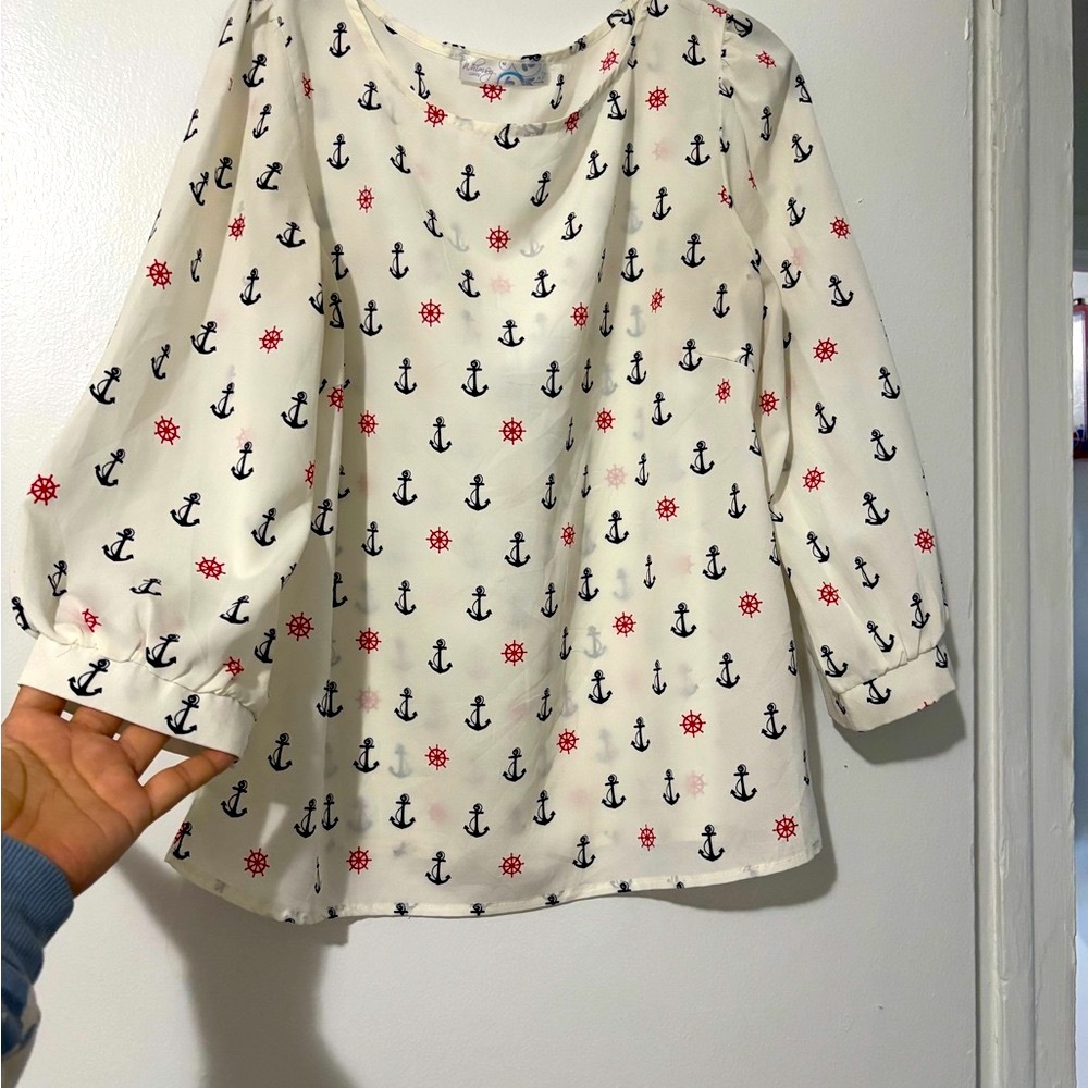 White and Blue Puff Sleeve Boxy Blouse